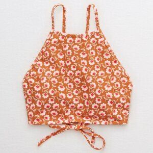Aerie Size Medium Bikini Top High Neck Ditzy Floral Burnt Orange Pink Tie Swim